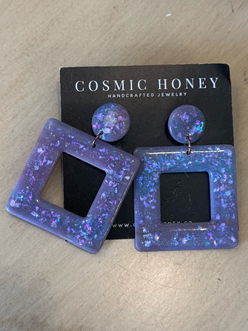 Handmade Resin Iridescent Purple Square Drop Earrings